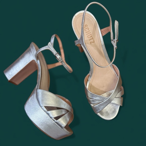 Schutz Keefa Sliver Metallic Leather Platform Heel Sandals Size 9.5 - Picture 7 of 13